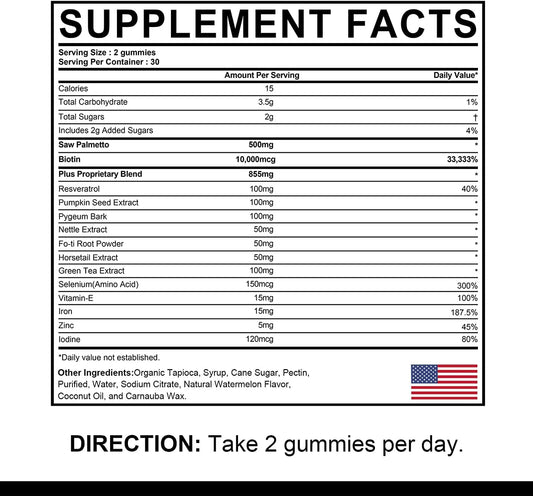 DHT Blocker Hair Growth Gummies – Saw Palmetto + Biotin 10,000Mcg (2-Month Supply)