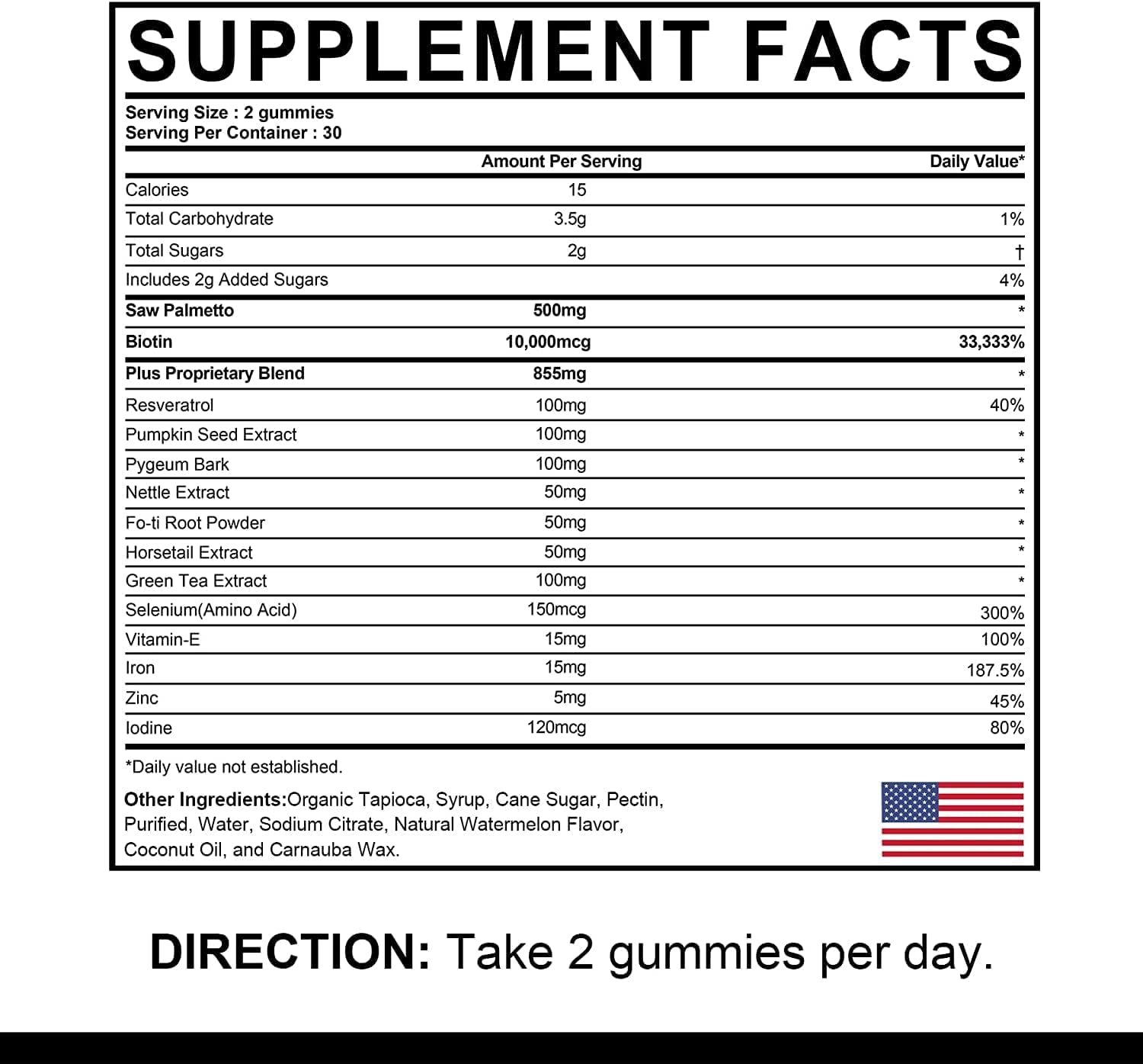 DHT Blocker Hair Growth Gummies – Saw Palmetto + Biotin 10,000Mcg (2-Month Supply)